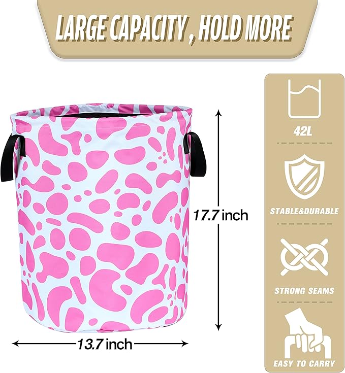 Pink Cow Print Laundry Basket Animal Foldable Oxford Cloth Funny Tote Bag
