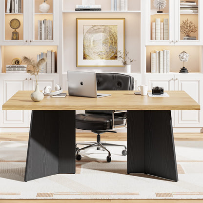 GarveeHome Dining Table for 6-8 People - 63" Modern Long Kitchen Table with Large Tabletop & Heavy Duty Pedestal Legs, Dinner Table for Kitchen, Conference Room, Home, Natural & Black