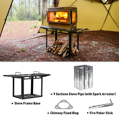 POMOLY Camping Tent Stove Wood Stove, Dweller Ultra 4 Stainless Steel Wood Burning Stove and Stove Frame Base for Cooking, Heating (with 4 Glasses)