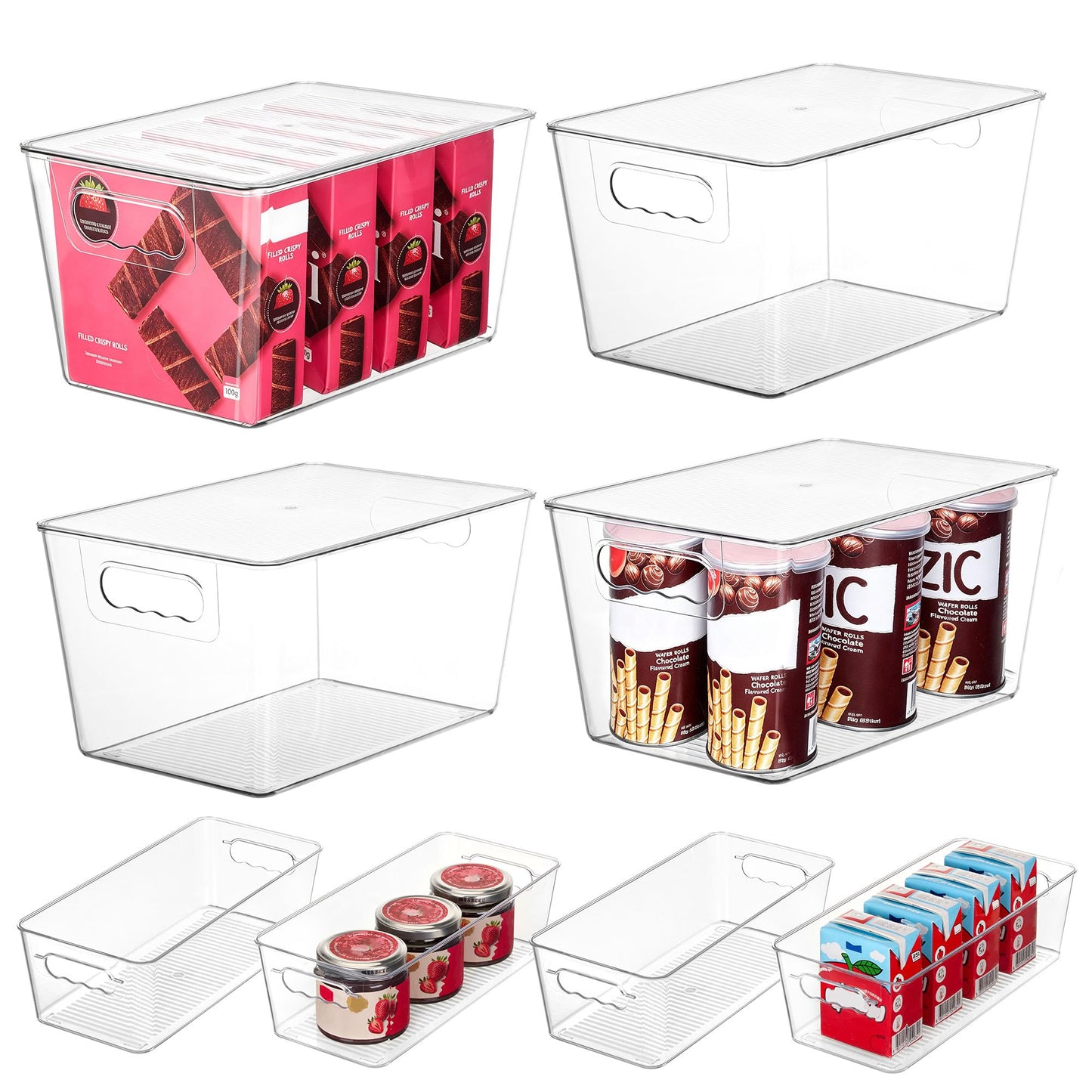 Vtopmart 8 Pack Clear Plastic Storage Bins with Lid Set, 4 Large and 4 Small Pantry Organizers and Storage Bins with Handle, Storage Containers for Pantry, Kitchen, Fridge, Cabinet Organization