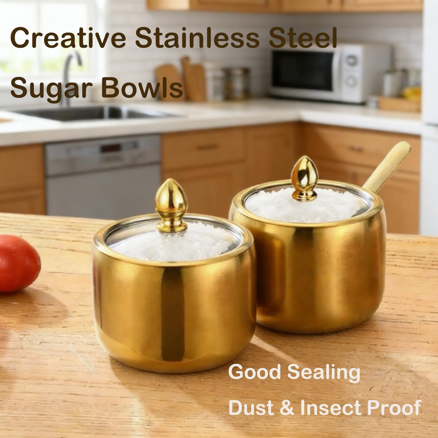 10oz Sugar Bowl 2-Pack with Lid|Gold coffee bar sugar container, includes 2 stainless steel canisters with clear lids. This Suitable for kitchen countertop, seasoning storage, and stylish home decor.