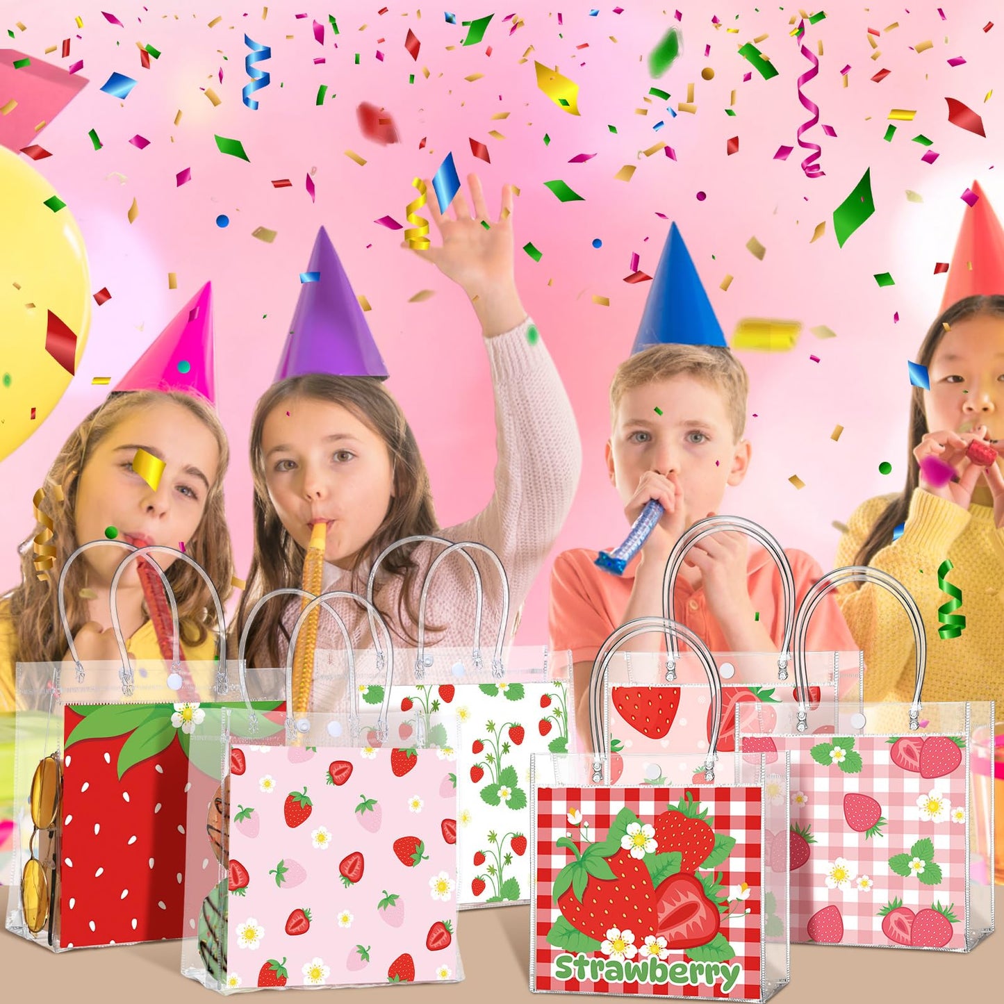 Teenyyou 24 Pcs Strawberry Party Favor Bags Clear PVC Goodie Treat Tote Gift Bags with Handles Strawberry Theme Birthday Party Supplies