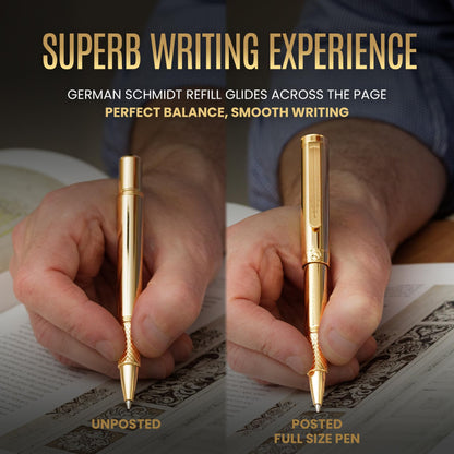 Scriveiner Heavy Gold Rollerball Pen, Award Winning Luxury Pocket Pen with gold plating Finish, German Schmidt Refill, Best EDC Writing Gift Set for Men & Women, Nice Fancy