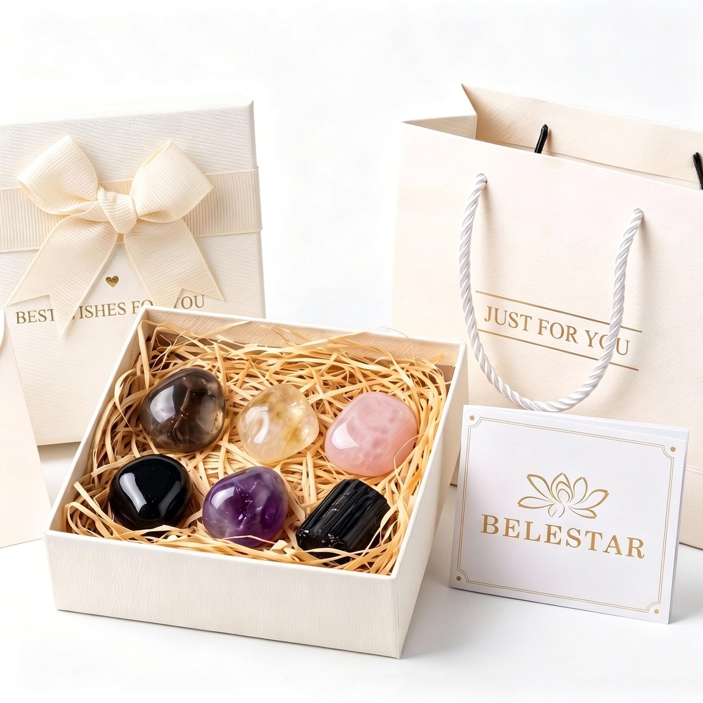 House Protection Crystal Set - 6 Healing Stones for Negative Energy Removal, EMF Cleansing & Spiritual Blessing - New Home Gift with Blessing Card & Gift Box