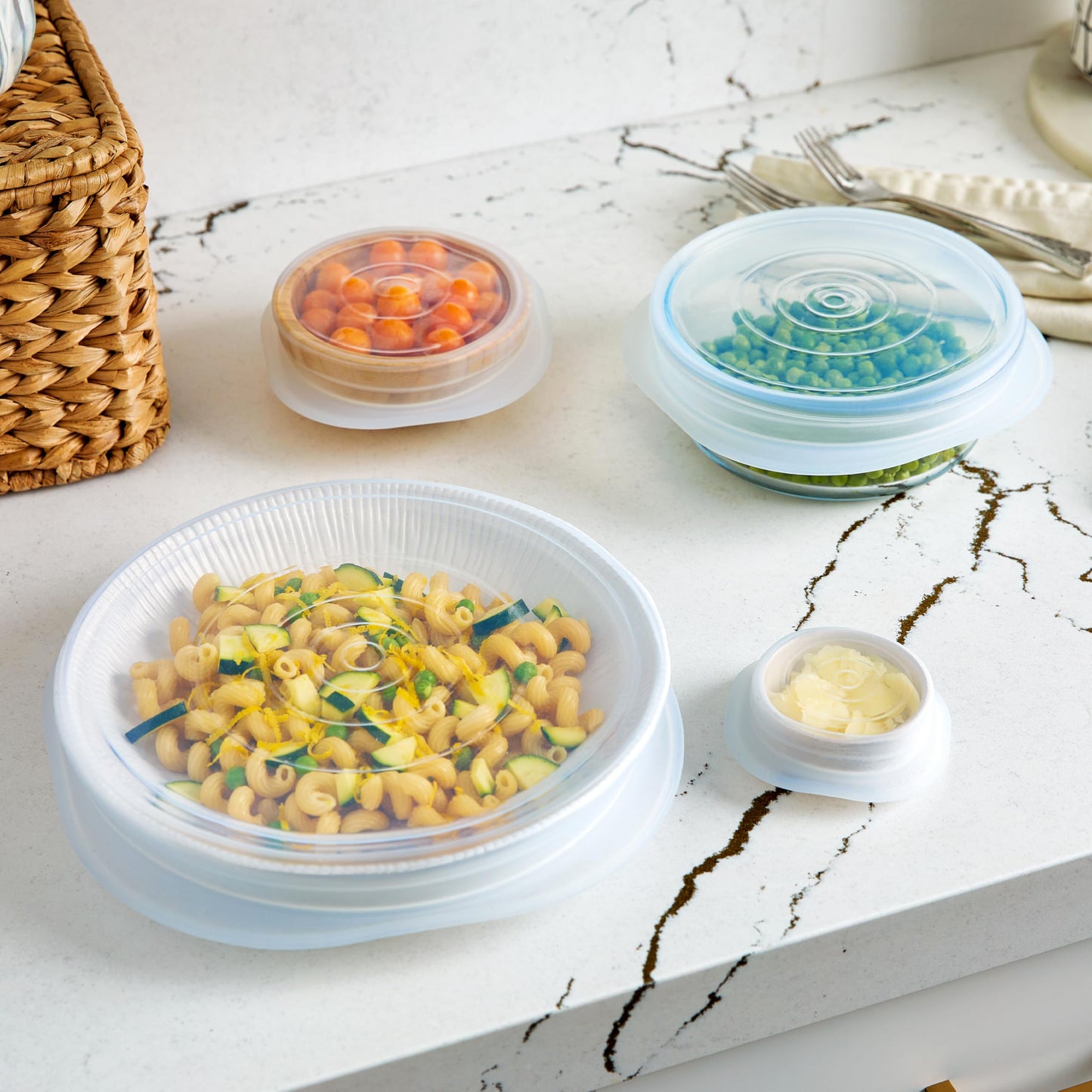 Stasher Premium Reusable Silicone Stretch Lids Variety 4-Pack, Clear, 9, 6.5, 4.5, 2.5, Airtight Seal, Food Container Covers, BPA Free, Leak-free, Dishwasher Safe, Microwave Safe, Eco-Friendly