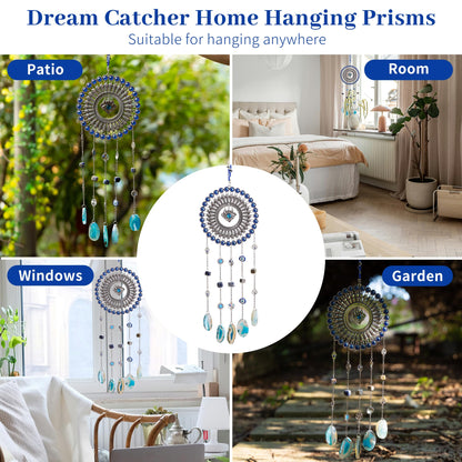 Evil Eye Dream Catcher, Handmade Blue Agate Stone Catcher with Crystals, Protective Bohemian Wall Hanging Decor for Bedroom, Window, Garden - Unique Housewarming Gift for Friends and Family