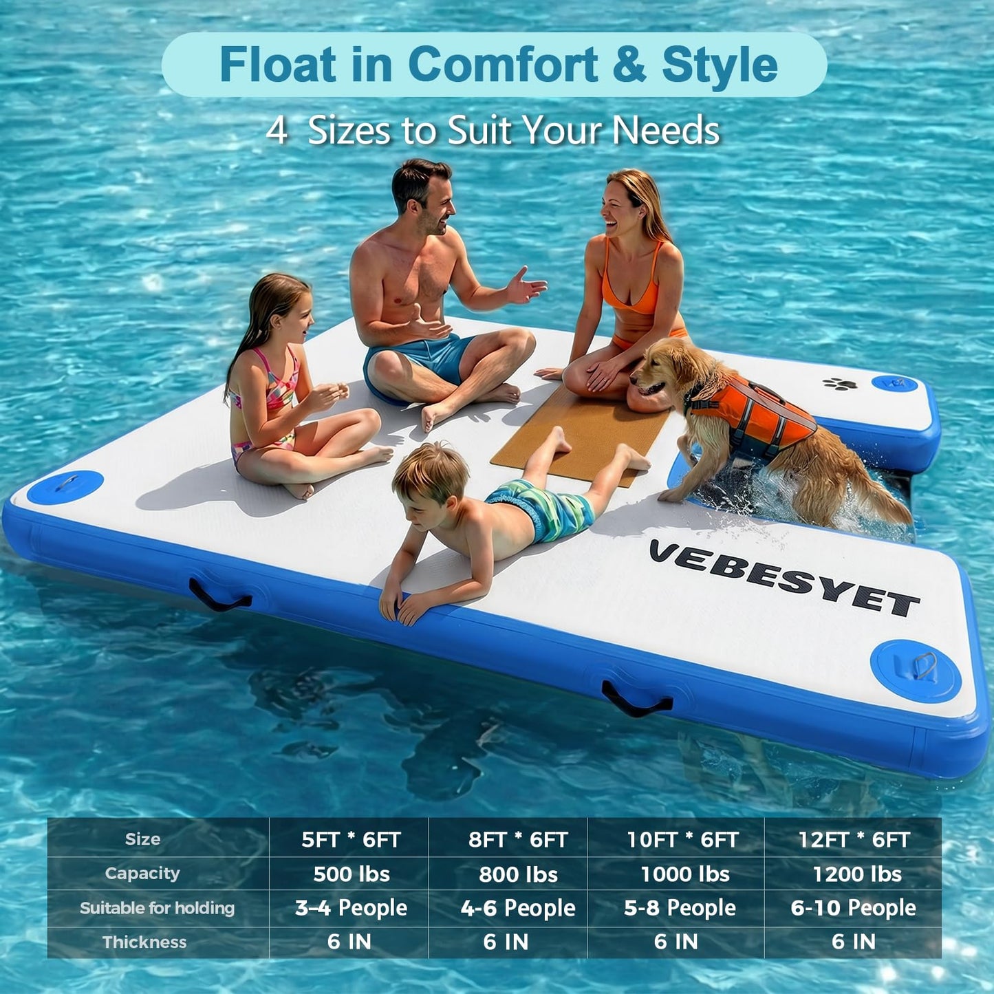 VEBESYET Inflatable Dock with Water Ramp, 6 inch Thick Non-Slip Inflatable Floating Dock for Dogs & Adults, Durable Drop-Stitch Floating Dock Platform for Lake, Ocean, Swimming & Fishing