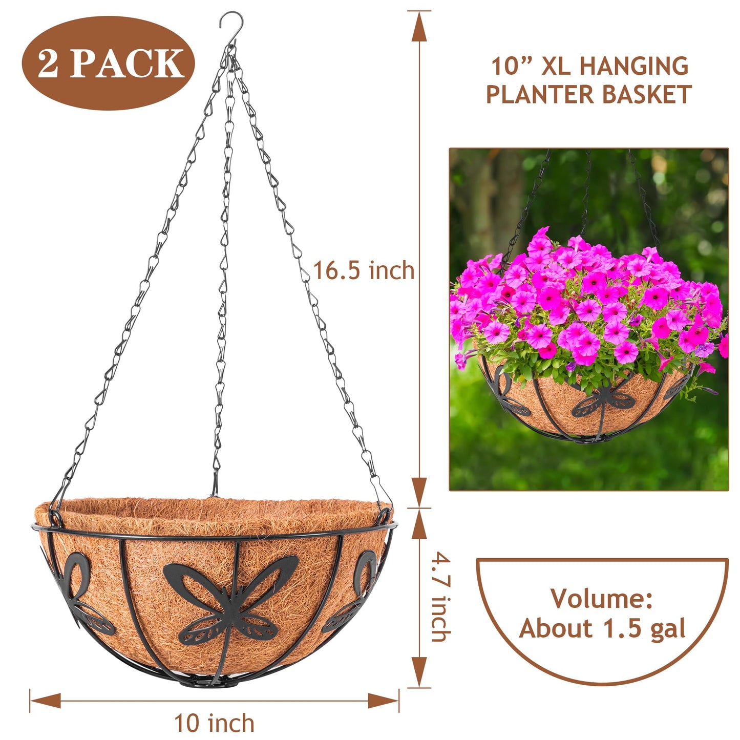 ARVINKEY Hanging Baskets Planter for Plants, 2 Pack 10 Inch Round Metal Wire Hanging Flower Pots with Coco Coir Liner Chain, Plant Holder for Home Garden Balcony Decor