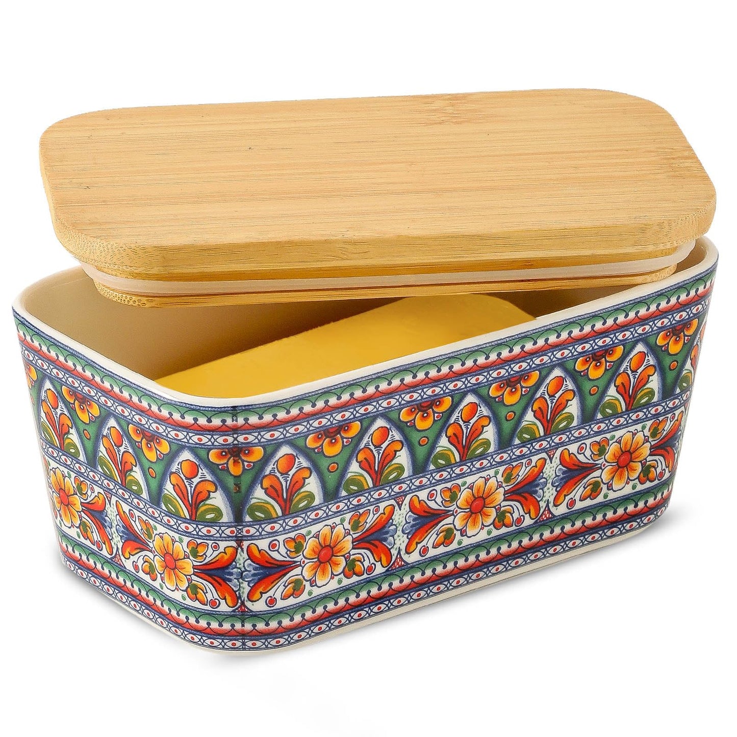 Tikooere Ceramic Butter Dish with Lid,Large Butter Container with Airtight Cover for Countertop or Refrigerator,Farmhouse Kitchen Butter Holder for New Year Gift,Dishwasher Safe,Green Printing