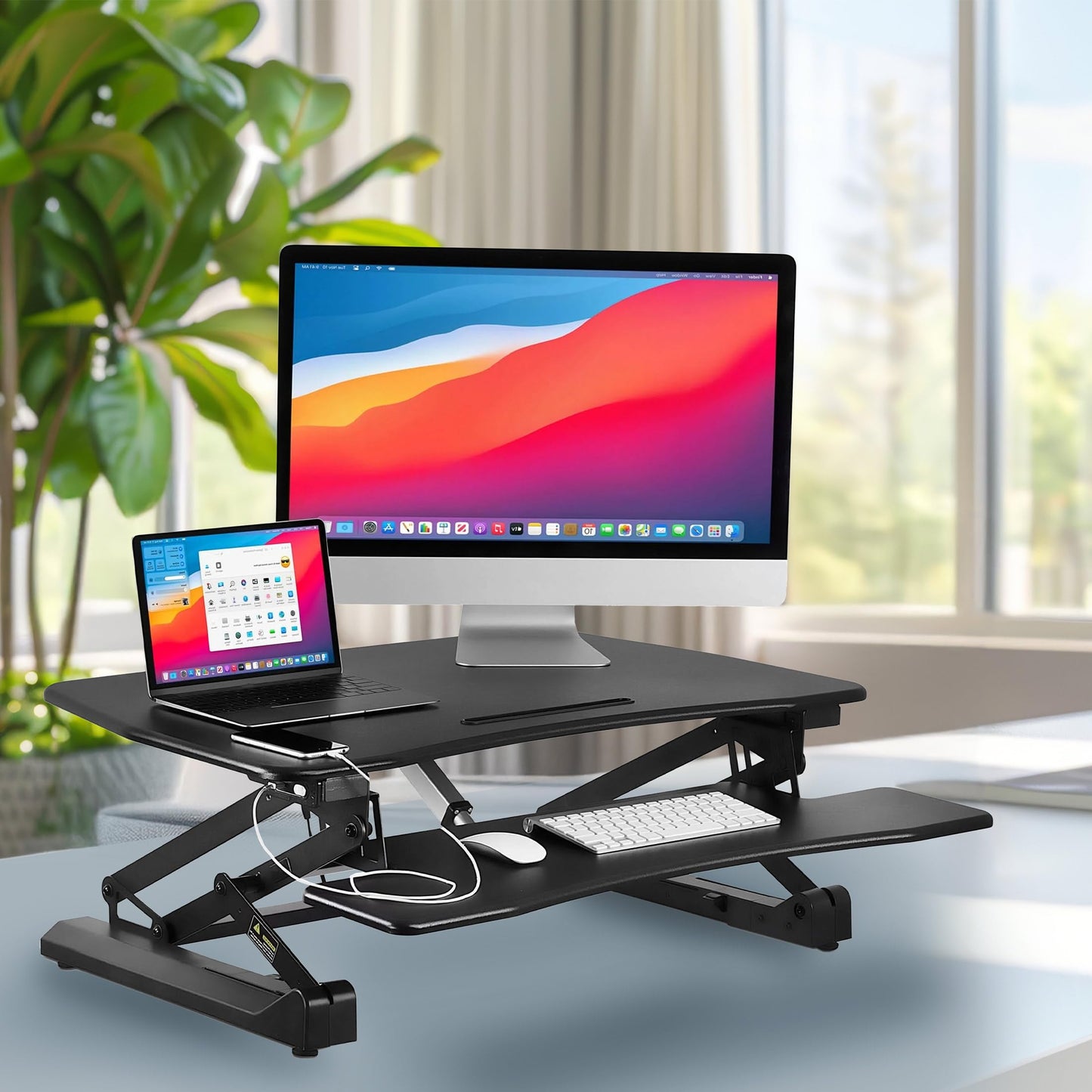Mount-It! Electric Standing Desk Converter 35.4" Quick Sit Stand Desk Riser, Computer Workstation Motorized Easy Convertor with Built-in USB Charging Port, Ergonomic Height Adjustable in Black