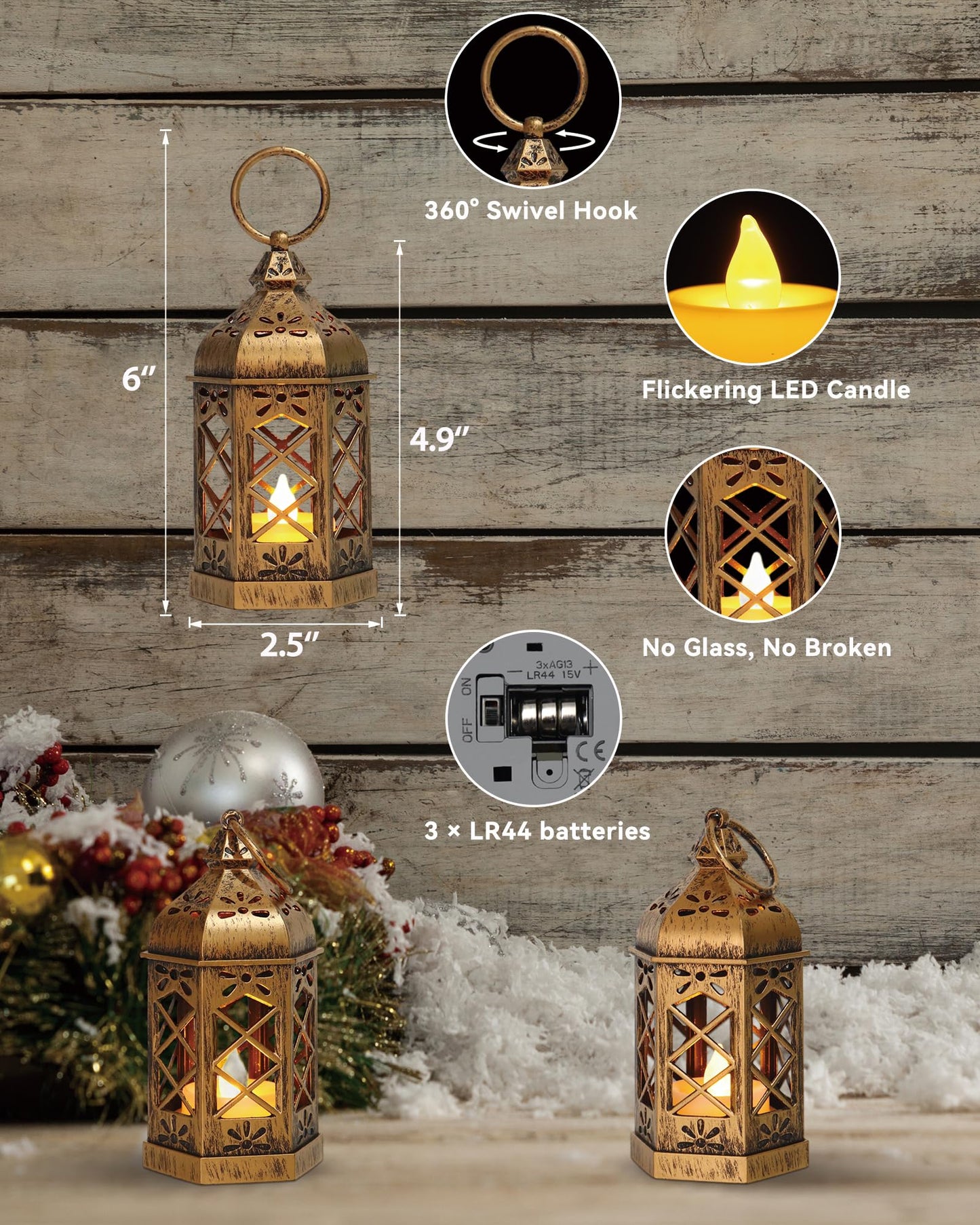 Reperla 8-Pack Mini Lanterns, Small Decorative Lanterns with Flickering LED Candles for Ramadan, Christmas, Wedding, Hanging Moroccan Lantern, Table Centerpiece, Baby Shower Decorations, Bronze