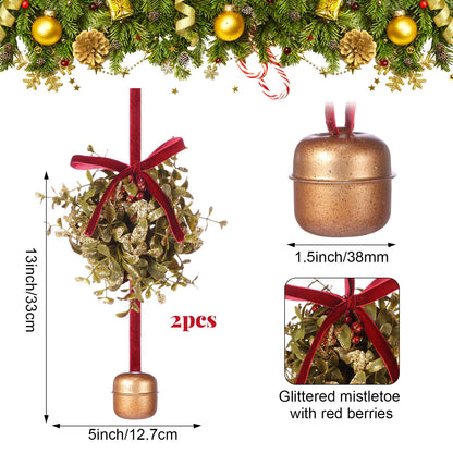 Canlierr 2 Pcs 5 Inch Valentines Day Mistletoe Ball Jingle Bell Ornament Mistletoe Glitter Kissing Ball with Jingle Bell Bow and Red Berry Artificial Hanging Ornament for Doorway Ceiling Light Decor