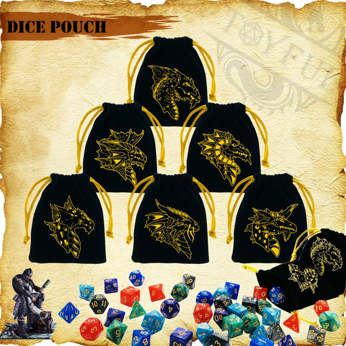 TOYFUL 6 Sets DND Dice Polyhedral Dungeons and Dragons DND RPG MTG Table Game Dice Bulk with Free Six Drawstring Bags and D&D Dice Tower Black