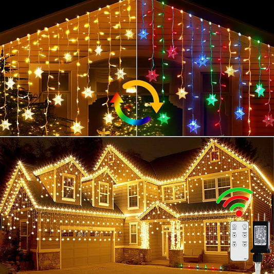 Snowflake Icicle Lights, 40ft 360 LED Christmas Lights Indoor/Outdoor, Remote Control Waterproof, 8 Modes Multi-Color & Warm White String Light for Christmas Decorations