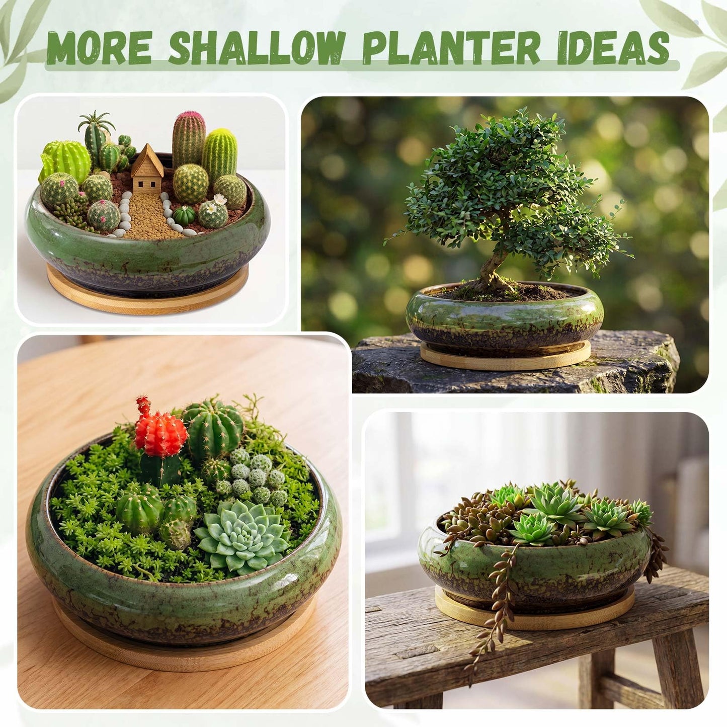 Acellegic 5 Pcs 7.3'' and 4'' Round Large Shallow Succulent Ceramic Planter Pots with Drainage Hole Drip Glazed Shallow Bonsai Pot with Bamboo Tray for Indoor Outdoor Plants Decor Cactus Flower