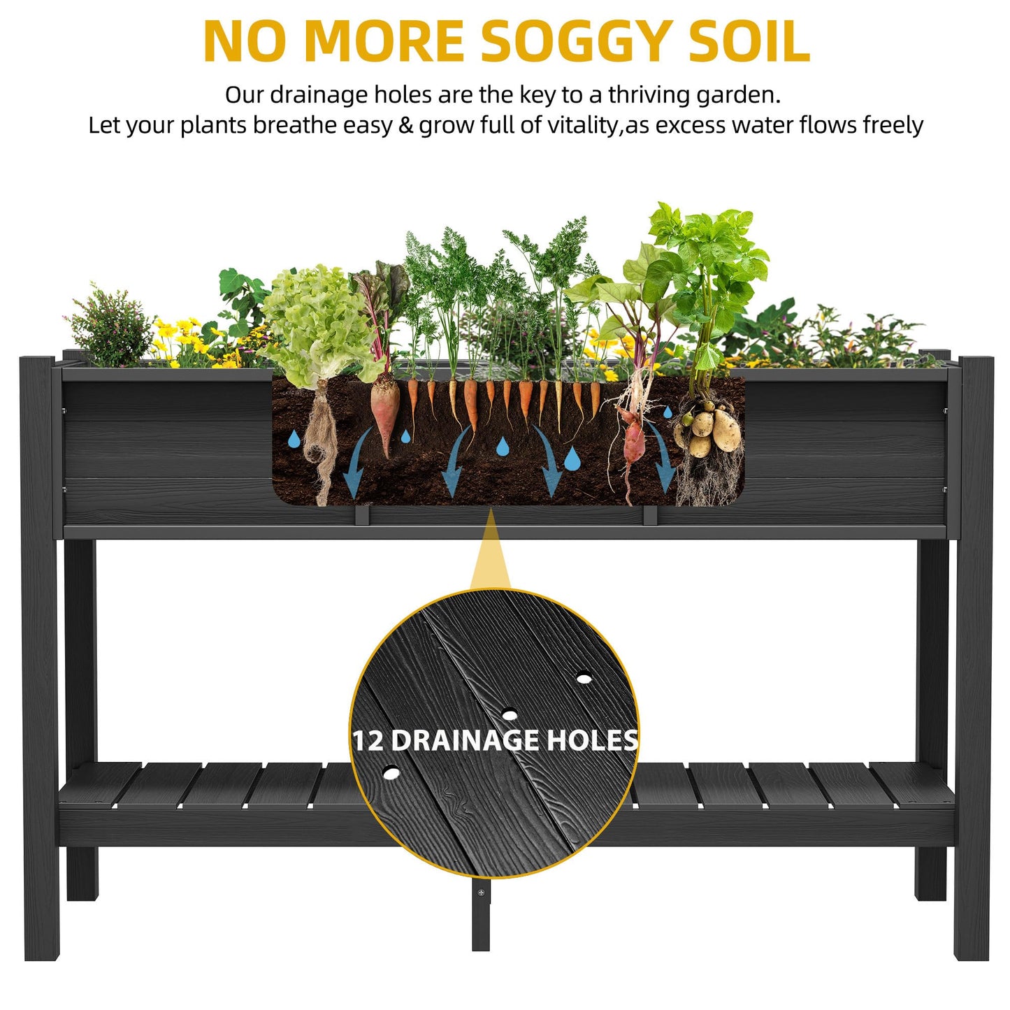 DWVO 48x18x30in Raised Garden Bed Kit, HDPE Planter Box Stand, Poly Wood Weather-Resistant Planter Box with Legs & Storage Shelf, Elevated Garden Bed for Backyard, Patio, Balcony,Black