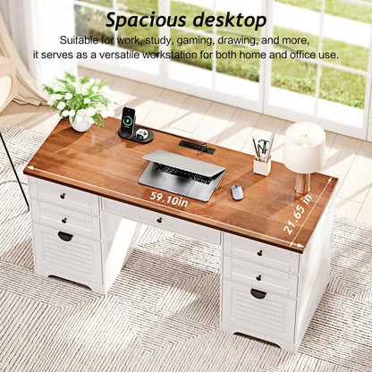 Ieejdn 59" Home Office Desks, Executive Desk, Farmhouse Computer Desk with 7 Drawers and Charging Station, File Drawer, Rustic Computer Writing Desk,Antique Cream