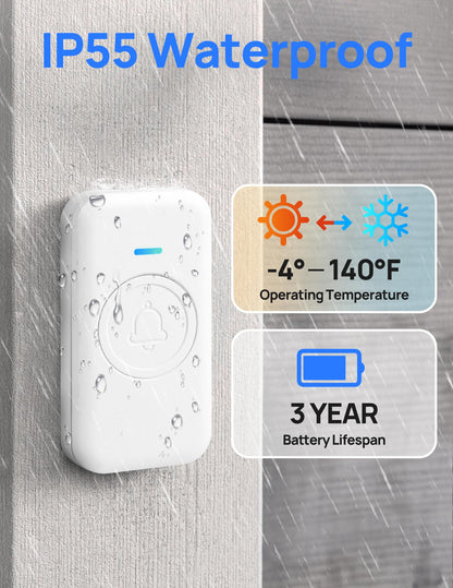 Wireless Doorbell, Waterproof Door Bell with 60 Chimes, 5 Levels Volume and LED Flash, 1000ft Long Range Classroom Doorbell for Home Office Hospital (2 Receiver & 1 Button, Black)