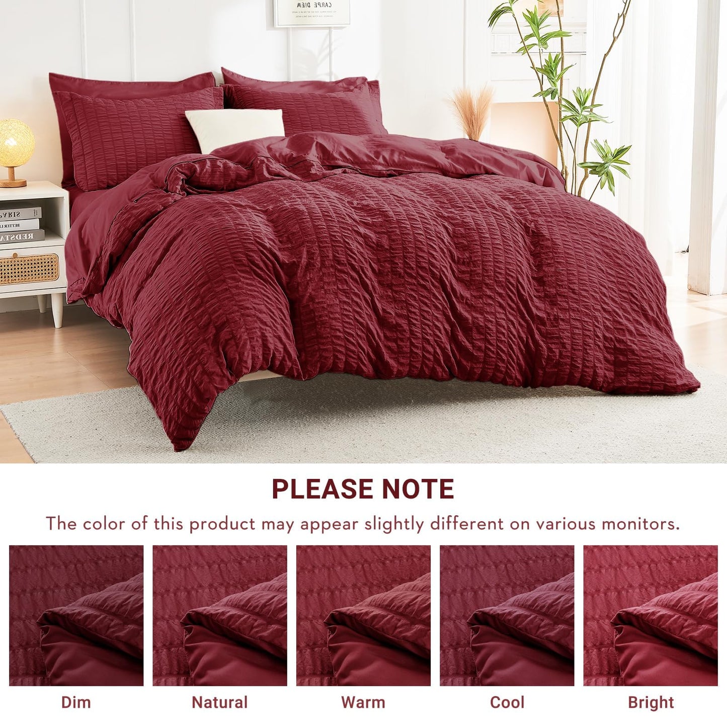 HYMOKEGE Burgundy Full Size Comforter Sets Seersucker 7 Pieces, All Season Luxury Bed in a Bag for Bedroom, Bedding Set with Comforters, Sheets, Pillowcases & Shams