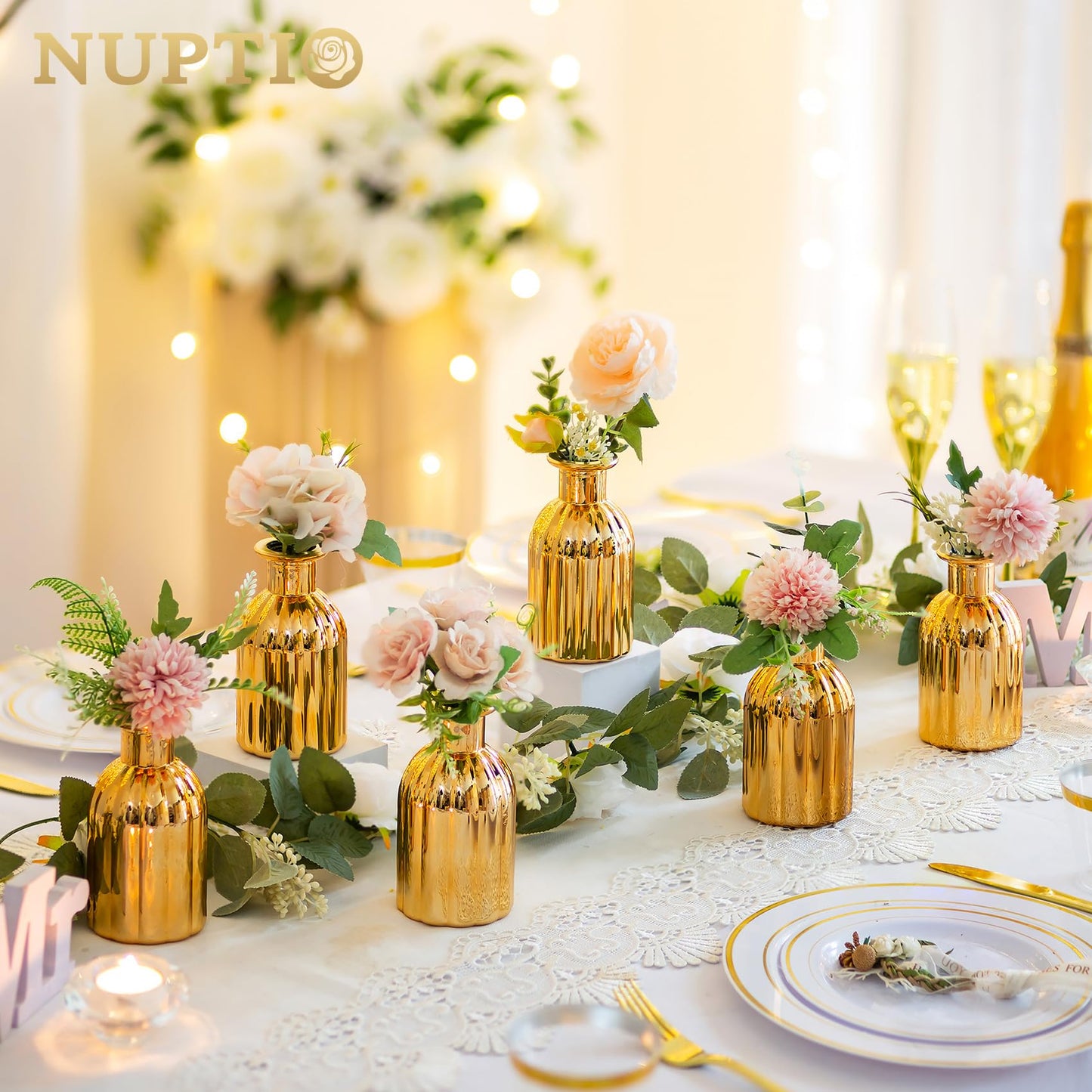 NUPTIO Bud Vases Small Gold: 12 Pcs Glass Vase Set in Bulk for Flowers - Mini Vintage Flower Bottle Single Vases for Wedding Table Centerpieces