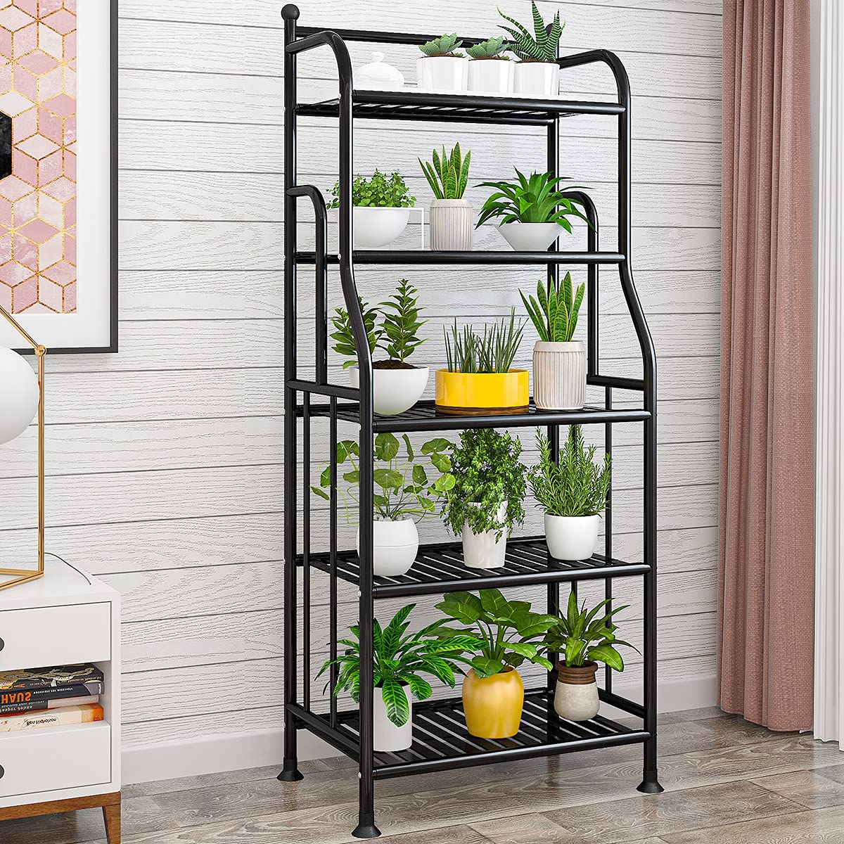 TIE-DailyNec 5 Tier Metal Plant Stand Iron Flower Pots Holder Storage Shelf, Planter Display Rack Indoor and Outdoor Multiple Shoe Organizer for Garden Balcony Living Room Kitchen Bathroom (Black)