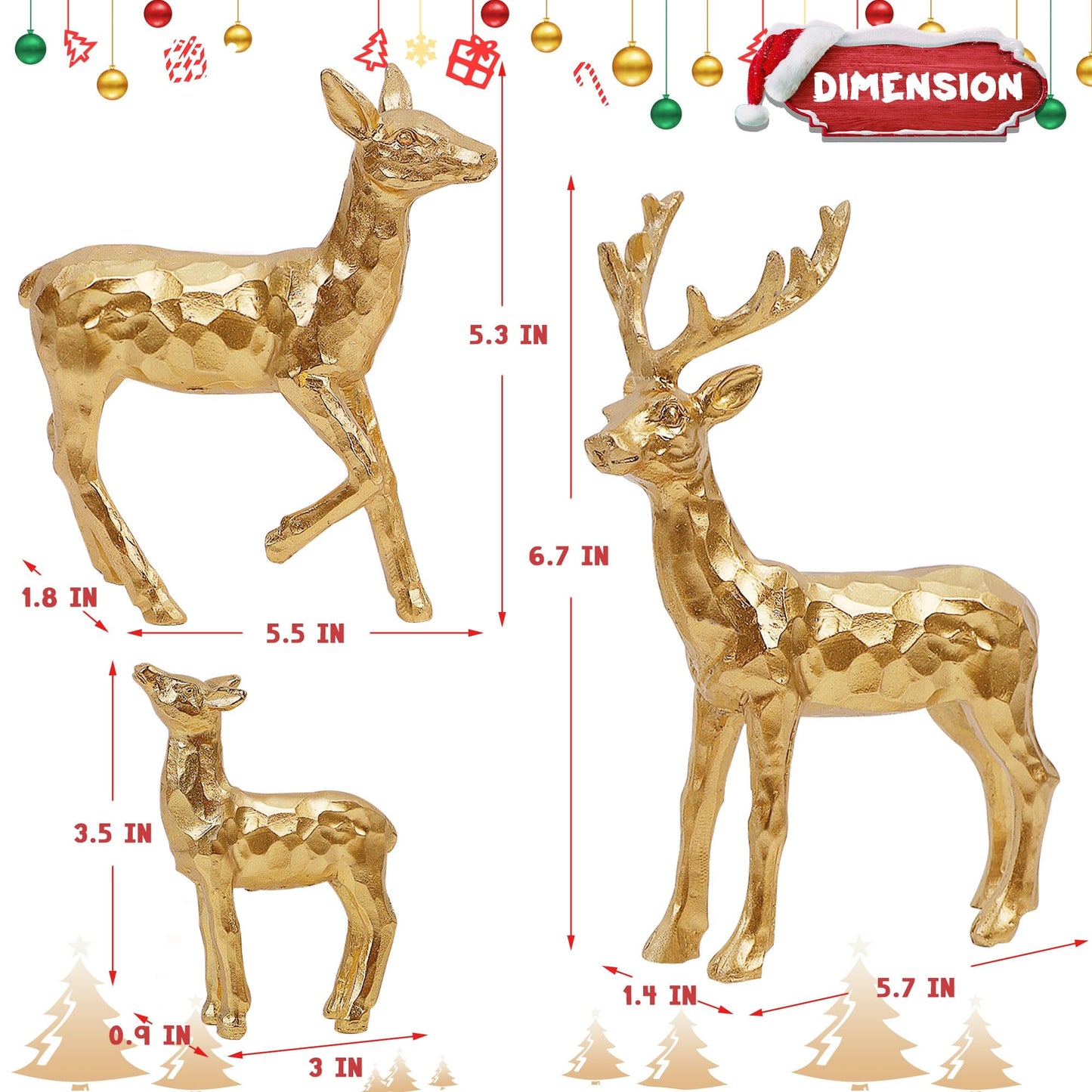Lulu Home 3 PCS Christmas Tabletop Decorations, Resin Golden Reindeer Family Figurines with Diverse Postures, Xmas Holiday Winter Centerpieces Ornaments for Mantel Shelf Sill Decor(Family)