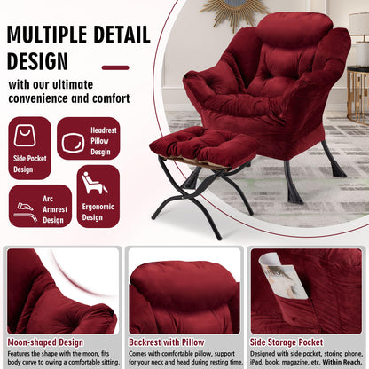 Avocahom Accent Lazy Chair with Ottoman,Leisure Sofa Armchair with Footrest,Oversized Reading Chair for Bedroom,Dorm Room,Living Room,Courtyard,Office,Dusty Rose