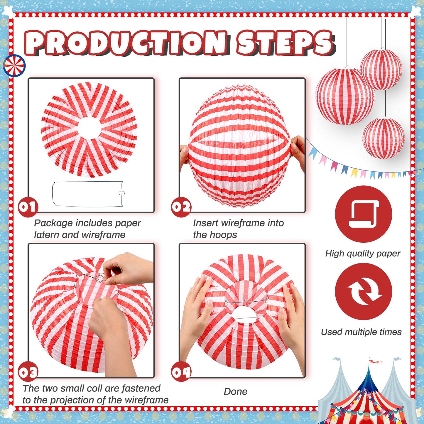 Hortsun 12 Pcs Carnival Circus Decorations Red and White Stripes Paper Lanterns Chinese Hanging Paper Lanterns for Carnival Circus Wedding Birthday Party Baby Shower Home Decoration