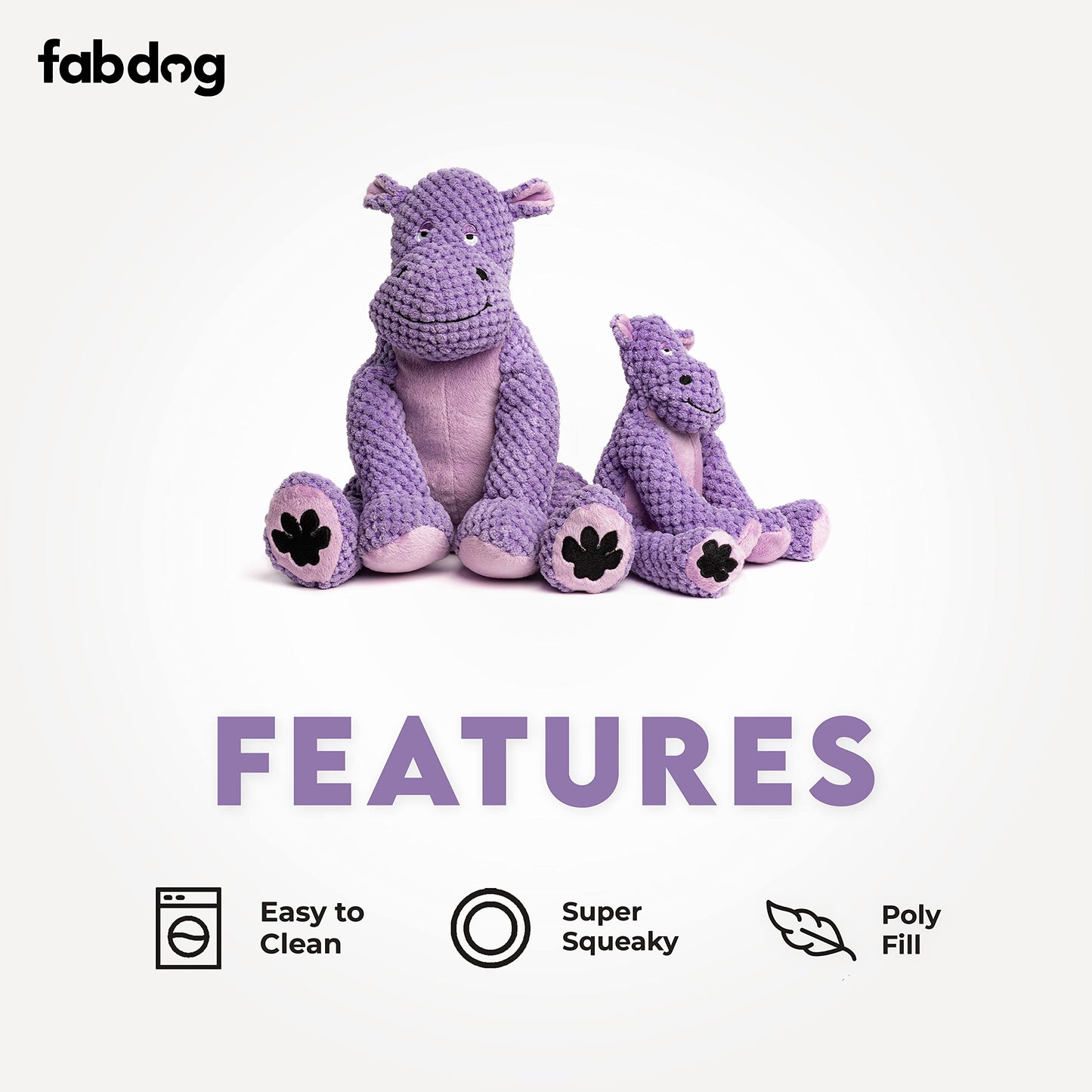fabdog Floppies Plush Dog Toy - Cute & Durable Squeaky Large Dog Toys - Best Squeak Toy for Puppies and All Breeds | Ideal Pet Gift | Large Hippo