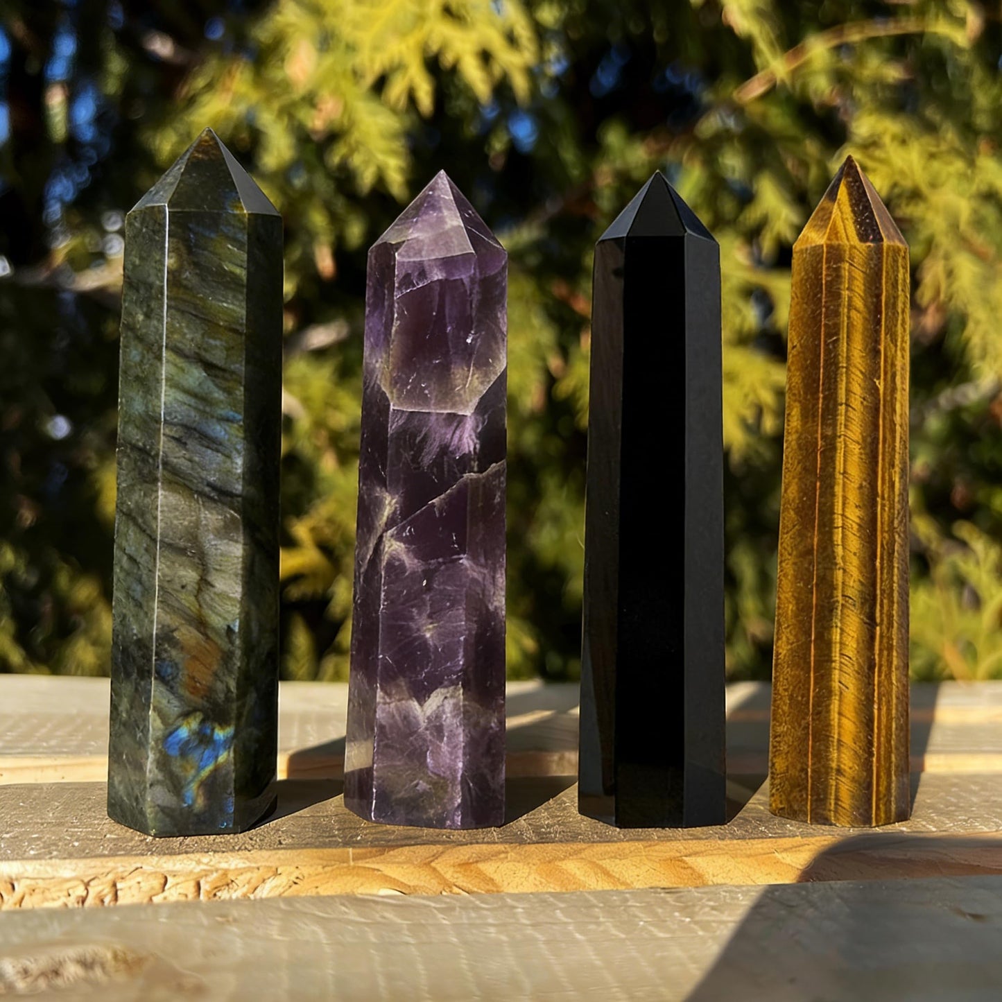 4Pcs 5.9 Inch Natural Crystal Obelisk Tower Set, Polished Hexagonal Point Wand, Obsidian Labradorite Amethyst Tiger's Eye Stone, Reiki Healing Crystal Obelisk Statue, Home Desktop Decor Spiritual Gift