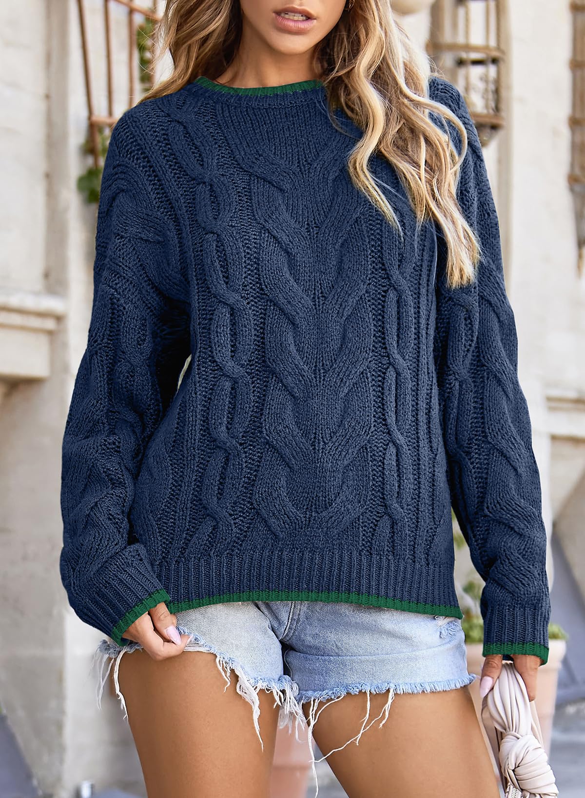 EVALESS Sweaters for Women Trendy Crewneck Long Sleeve Color Block Sweater Tops Fall 2025 Chunky Cable Knit Pullover Sweaters