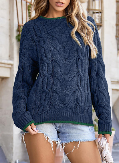 EVALESS Sweaters for Women Trendy Crewneck Long Sleeve Color Block Sweater Tops Fall 2025 Chunky Cable Knit Pullover Sweaters