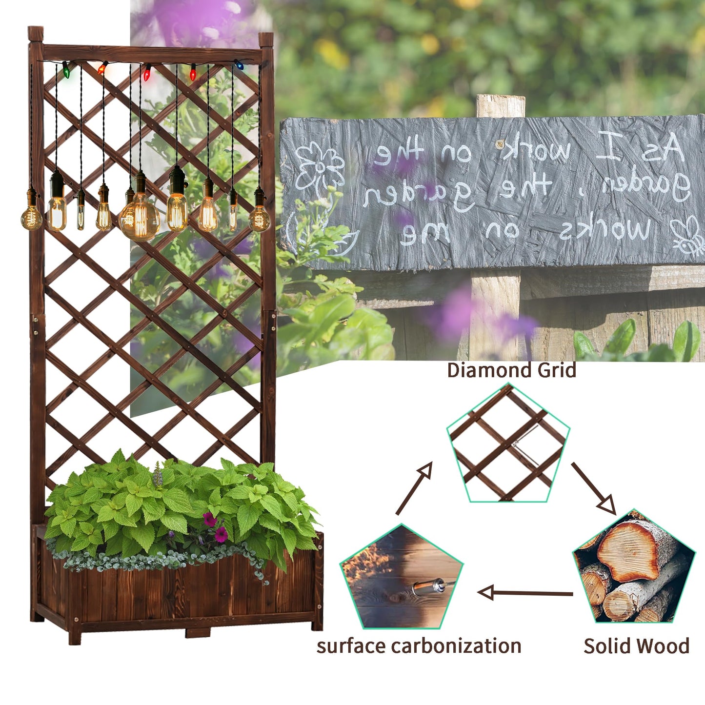 Anraja Raised Garden Bed with Trellis Wooden Planter Box Outdoor Wood Compact Privacy Screen for Climbing Plant Planting Flower Patio Tomato Vegetable Herb Balcony Porch 29.5" L x 17.0" W x 67.0" H