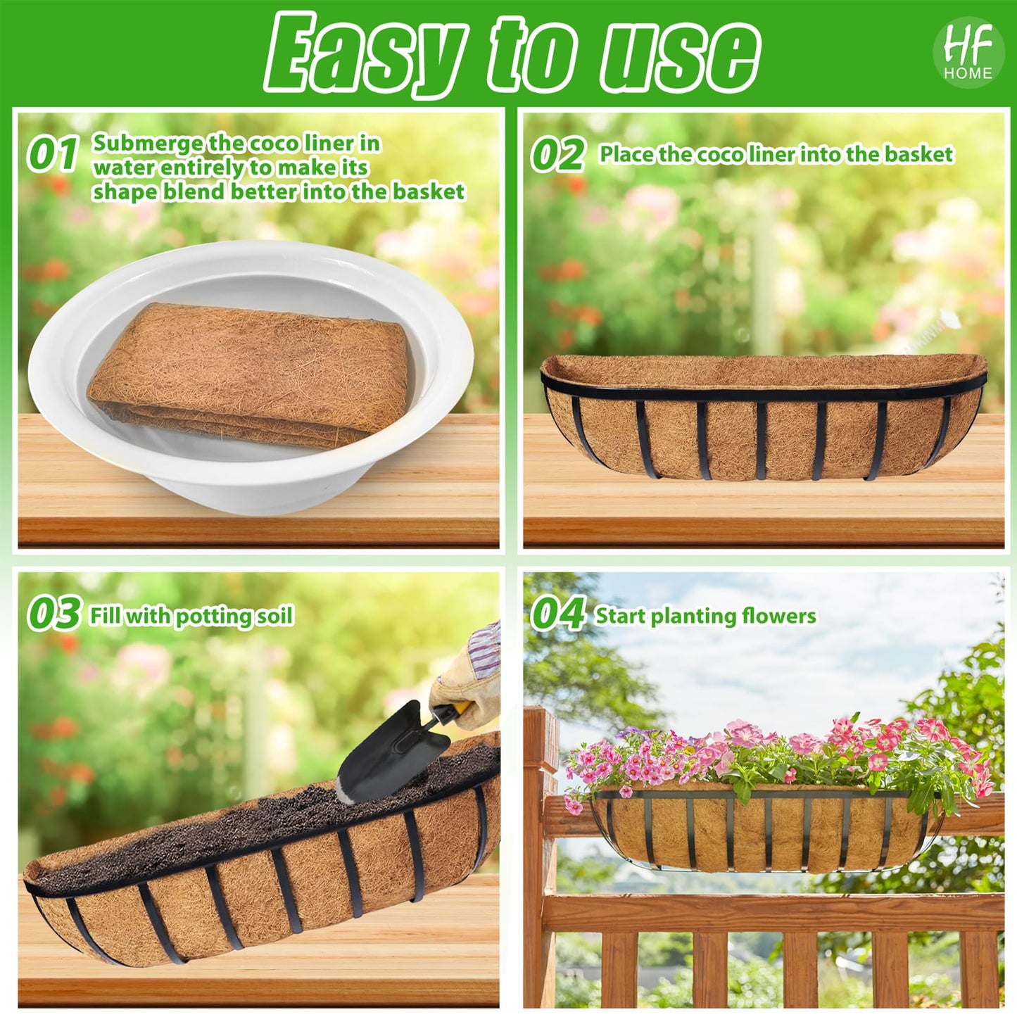 HFHOME 30" Deck Railing Planter Box with Horse Trough Coco Liners, Black Window Box Metal Hanging Flower Planters Baskets for Indoor, Outdoor, Balcony, Porch, Fence, Patio, and Lawn (Set of 4)