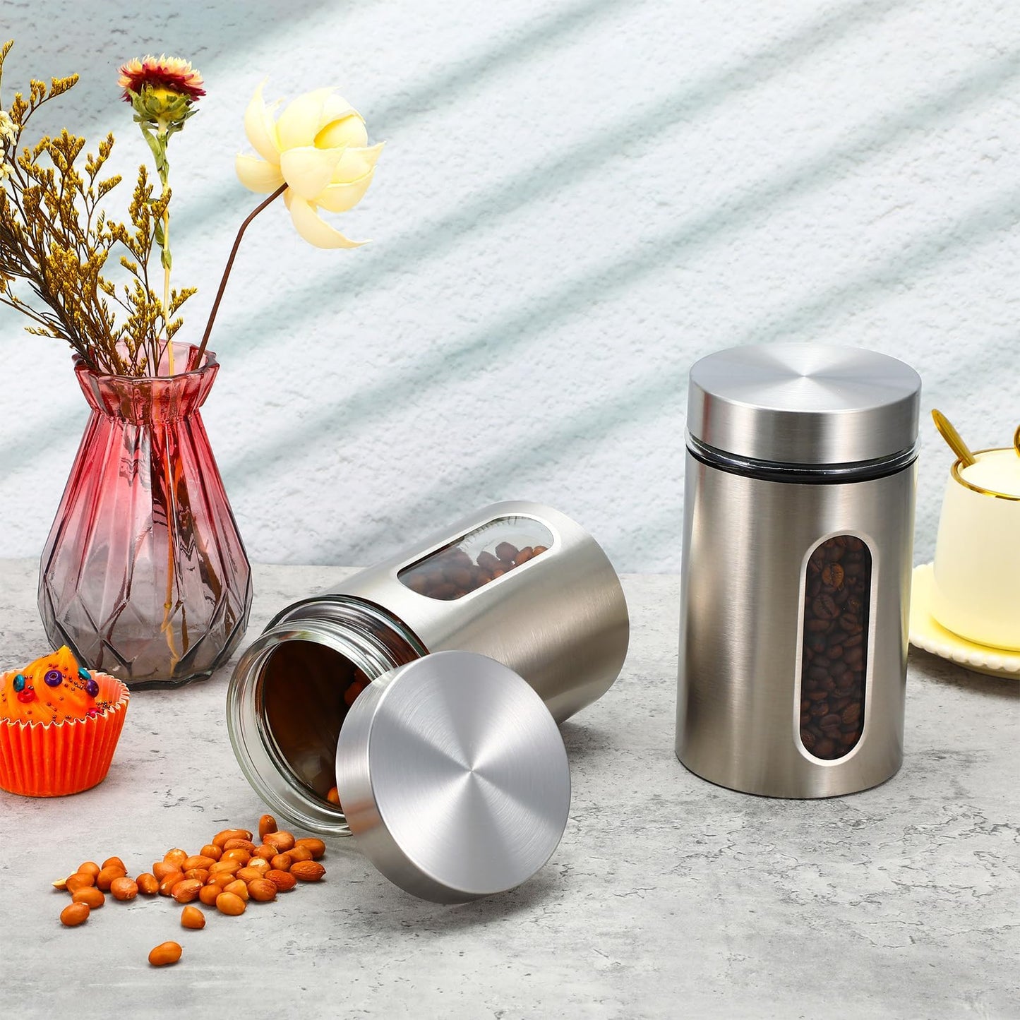 3 Pack Large Kitchen Canisters Set Airtight Coffee Sugar Tea Candy Storage Jars with Window Glass Stainless Steel Containers with Lids for Flour Cookies Spices Grains Kitchen Decorations(32oz)