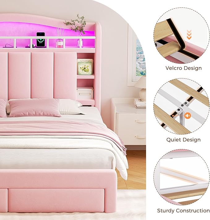 Full LED Bed Frame with Storage Headboard & 2 Storage Drawers, Princess Velvet