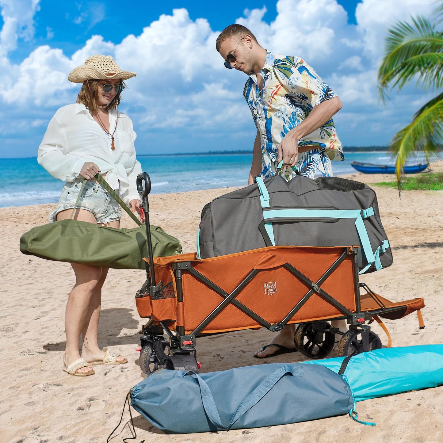 Timber Ridge 47" L Collapsible Wagon with Tailgate & Brake, 300 lbs Heavy Duty Beach Wagon with All-Terrain Big Wheels, 250L Foldable Utility Cart for Sand Camping Sports Shopping, Orange