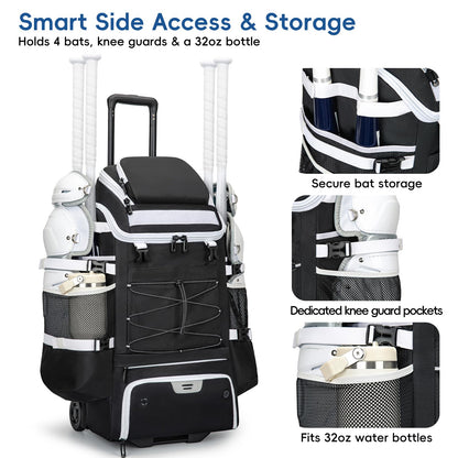 KAVIGOR Catchers Gear Bag with Wheels, 90L Rolling Baseball/Softball Bag Holds 2 Sets of Gear with Glove Compartment, Helmet Holder & Shoe Compartment