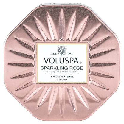 Voluspa Sparkling Rose, 3 Wick Tin Candle, 12 Ounce, 40 Hour Burn Time, Coconut Wax for Clean Burning, Handcrafted in the USA