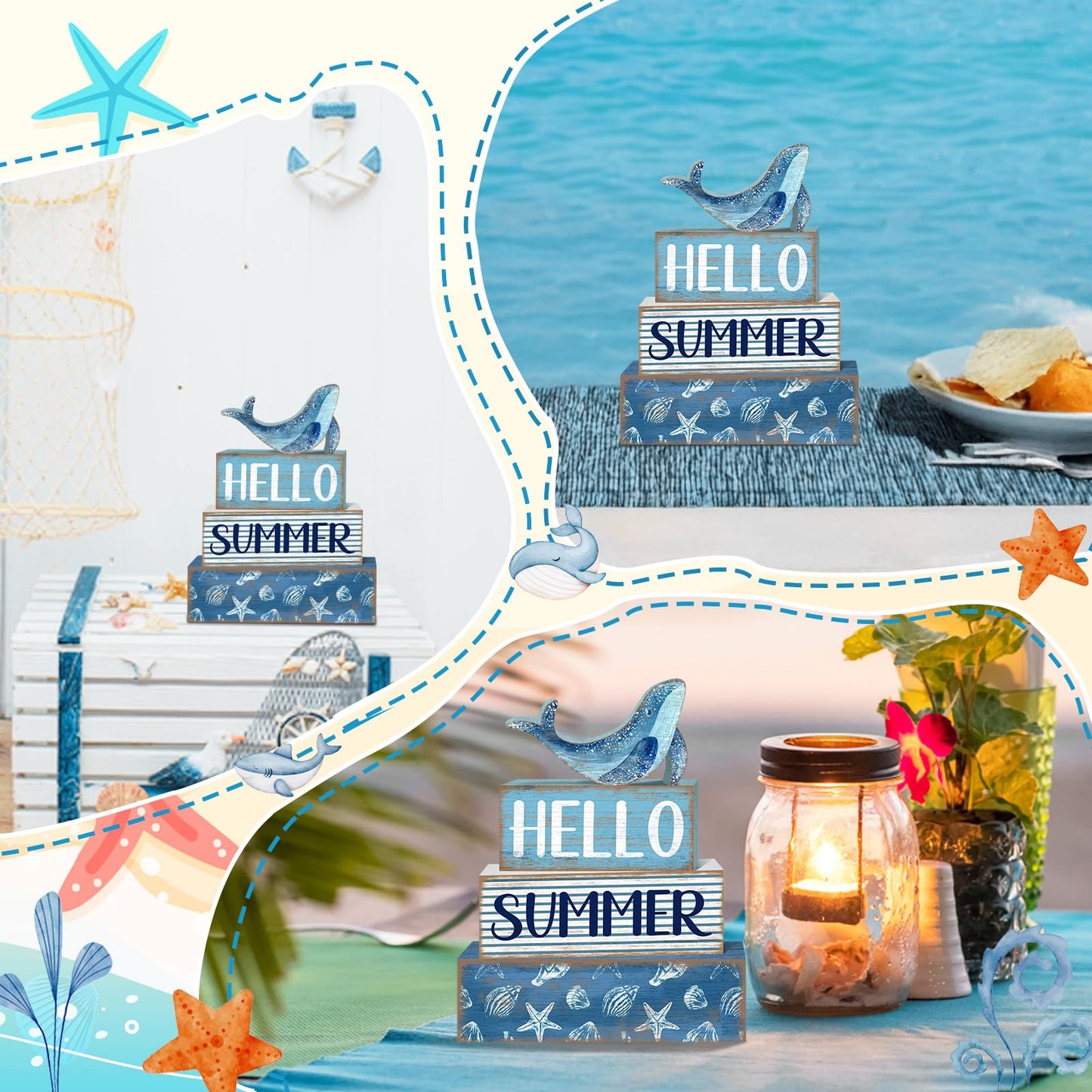 Britimes 4 Pcs Summer Wooden Tiered Tray Decor Set, Ocean Whale Table Decor Rustic Farmhouse Coastal Wood Coffee Table Centerpieces for Home Kitchen Office Decorations (Sea Style)