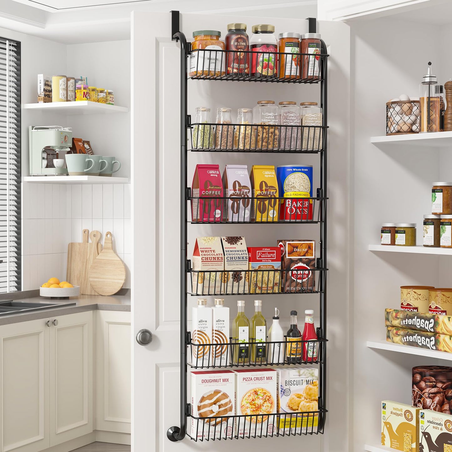 MIAOLI Over The Door Pantry Organizers and Storage, 6-Tier Spice Rack, Home & Kitchen Storage Shelves for Cabinet, Large Capacity Hanging Seasoning Organizer, Laundry Room Organization, Black