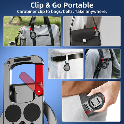 Magnetic Phone Mount for MagSafe, Maglock Tripod Adapter Magnet Golf Gym Workout Stand Metal Carabiner Dual Holder with 1/4 Screw Hole, for iPhone 16 15 14 13 12 Series Foldable Portable Accessories