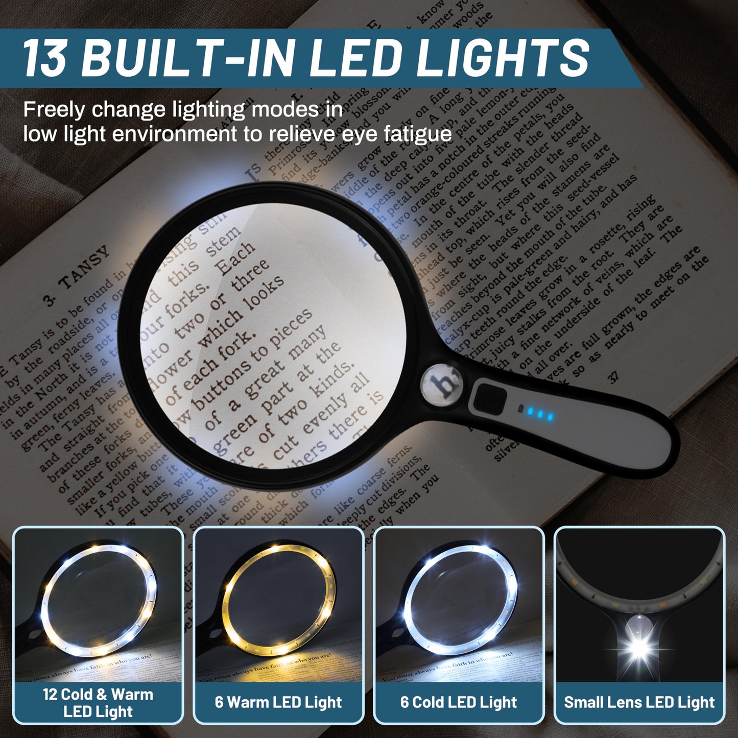 Large Magnifying Glass with Light: 10X 30X 5IN Lighted Handheld Magnifier with 13 LED Lights 3 Modes, 1150mAh Rechargeable Magnifying Lens Gift for Seniors Reading Coins Close Work-Black+White