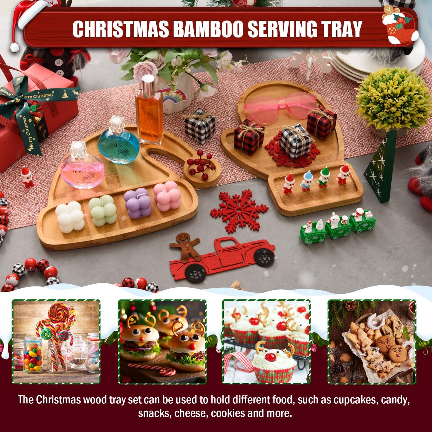 AWIZOM 2 Pcs Christmas Serving Platters Santa Hat and Mitten Shaped Wood Trays Winter Bamboo Charcuterie Boards Decorative Wood Snack Dish Plates for Xmas Holiday Housewarming Presents