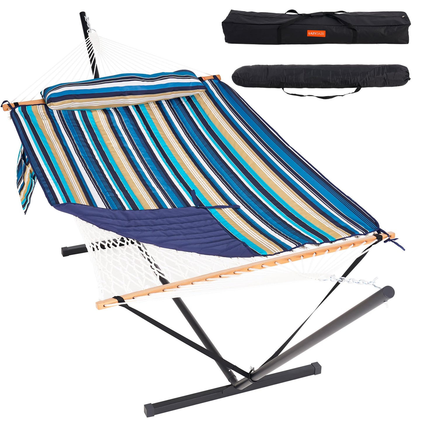 Lazy Daze Hammocks 2 Person Portable Hammock with 12FT Stand, Double Hand Woven Cotton Rope Hammock with Detachable Quilted Pad & Pillow for Outside, 450lb Capacity, Beach Stripes