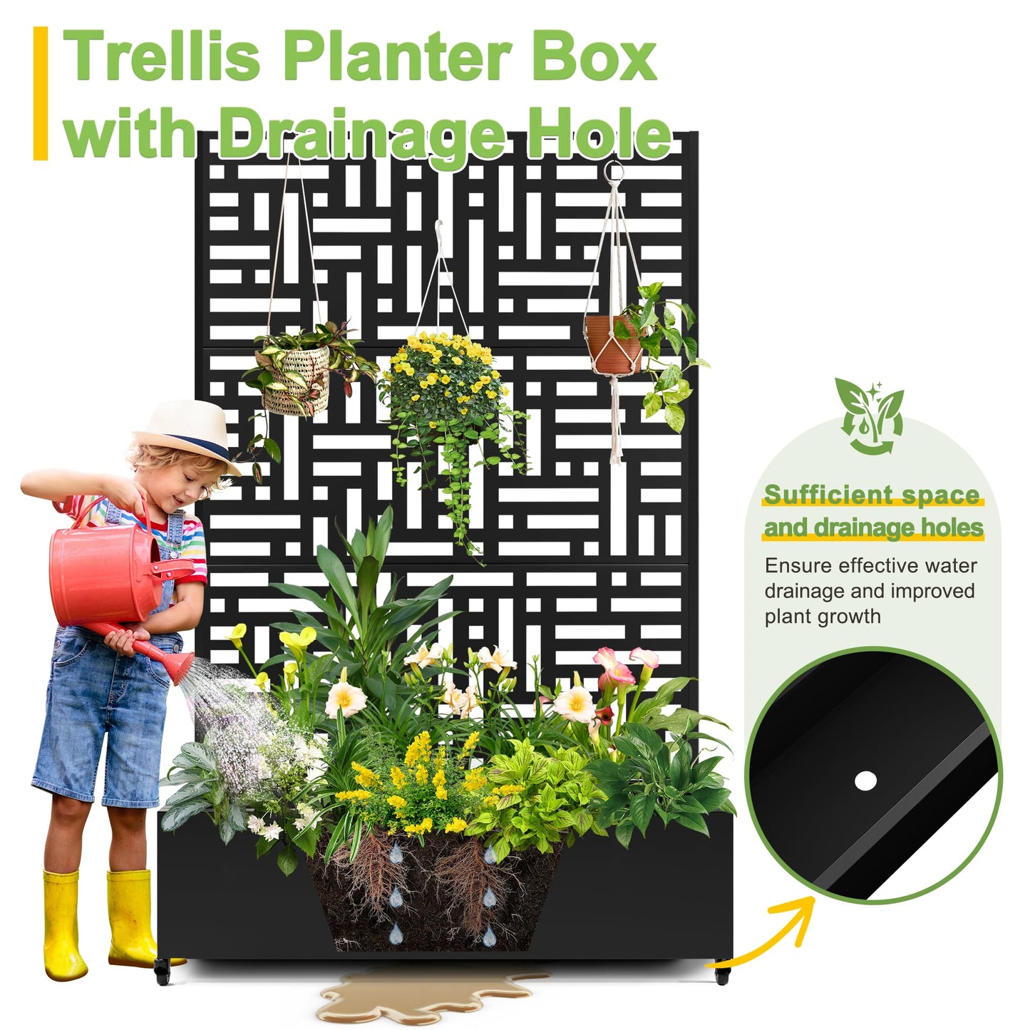 FENCY Metal Raised Garden Bed with Wheels and Trellis,73"x47"x16" Planter Box for Climbing Plants, Vegetables & Vines, Features Privacy Screen and Drainage Holes (Black-Geometric Lattice)