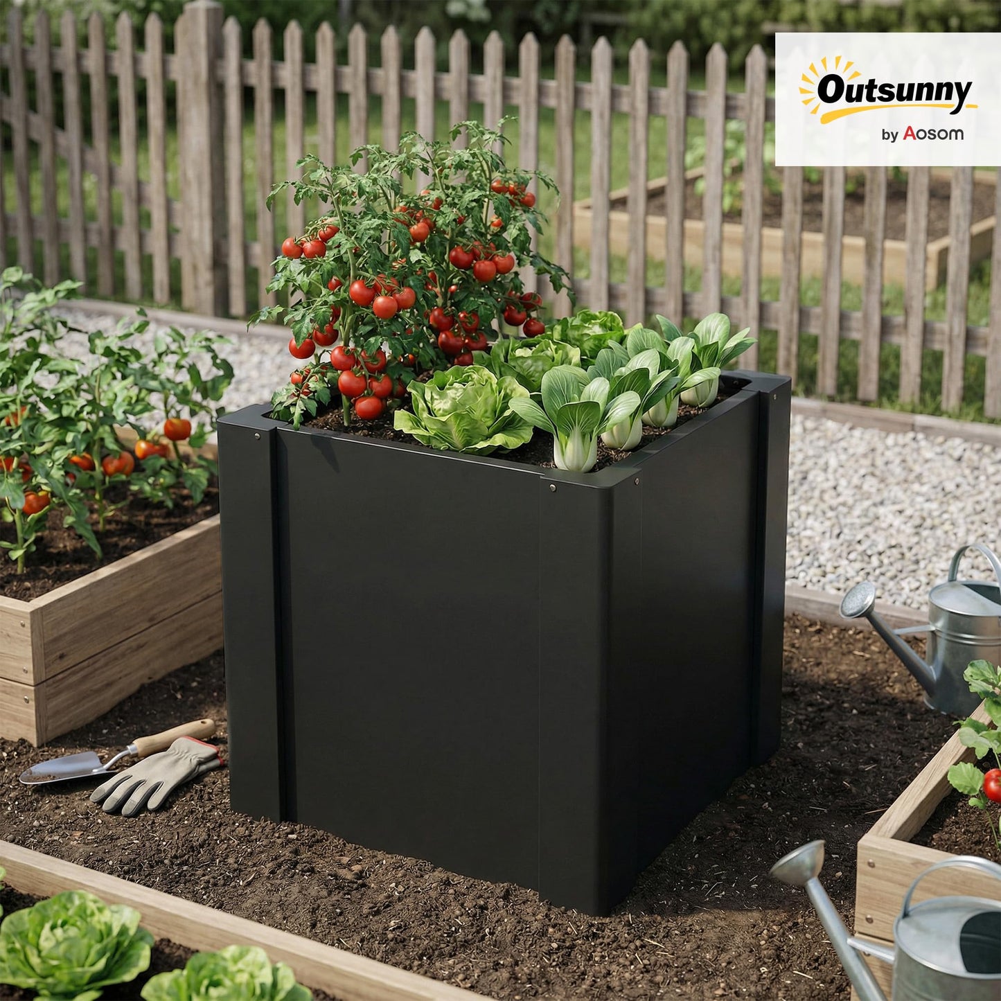 Outsunny Galvanized Tall Outdoor Planter, Metal Square Large Planter Box for Outdoor Plants with Gloves and Open Bottom for Vegetables, Flowers, Herbs, 1.4 x 1.4 x 1.5 ft, Black
