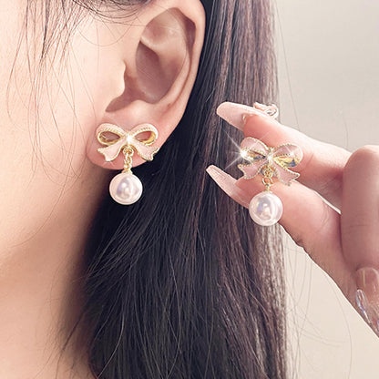 Pink Bow Earrings for Women Trendy Stuff Cute Bow Pearl Drop Dangle Earrings Bowknot Stud Wedding Party Daily Jewelry Accessory Gifts Christmas Stocking Stuffers