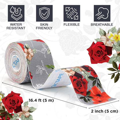 OK TAPE Patterned Kinesiology Tape, Elastic Physical Therapy Athletic Tape for Pain Relief & Muscle Support, Uncut Kinetic Tape, 2in x 16.4ft- 2 Rolls (Rose)