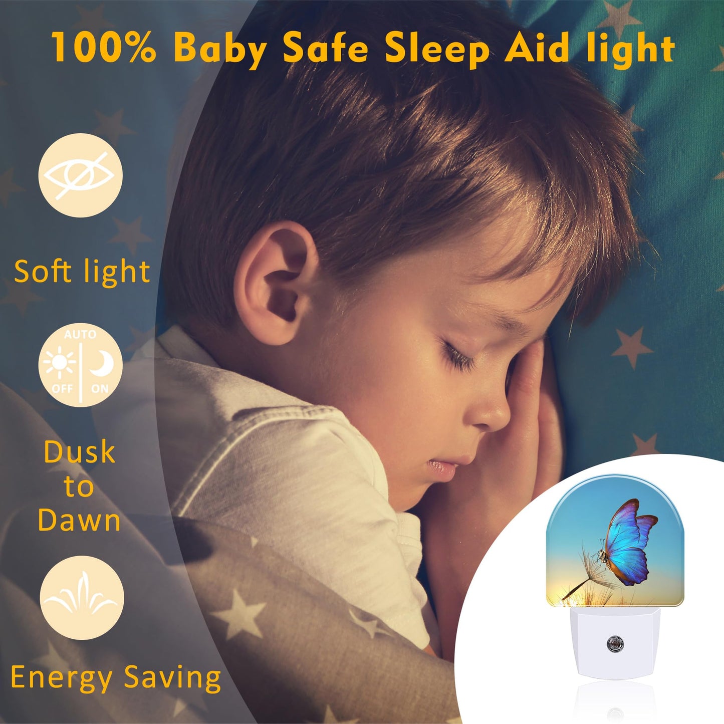 sndheke Blue Butterfly and Dandelion Night Light Plug into Wall, Butterfly in The Sunset Dusk to Dawn Night Light,0.5w Energy Saving Sleep Friendly Nightlights for Kids Boys Girls Home Decor